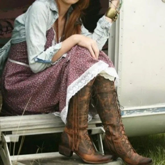 Red and Brown Lace Up Boots with Distressed Leather - Picture 3 of 8